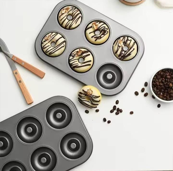 6-Hole Non-Stick Doughnut & Cupcake Baking Tray – Metallic Baking Pan, Reusable and durable and Evenly shaped baking cavities