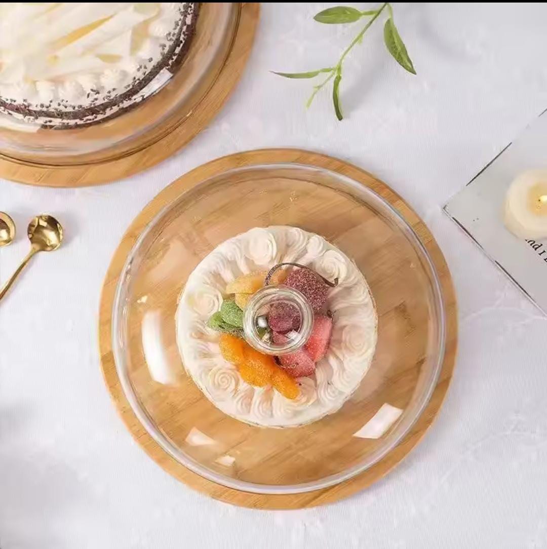 Dome Shape Glass Cake Cover with Bamboo Base – Borosilicate Cake Display & Food Serving Cover-28 cm Diameter Elegant dome-shaped design