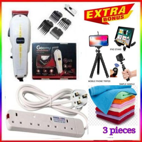Geemy BEST AFFORDABLE BARBER SHAVING MACHINE-KINYOZI + FREE 4 WAY POWER EXTENSION & FACE TOWELS – FOR BUSINESS + TRIPOD STAND AND PHONE CAMERA REMOTE CONTROL