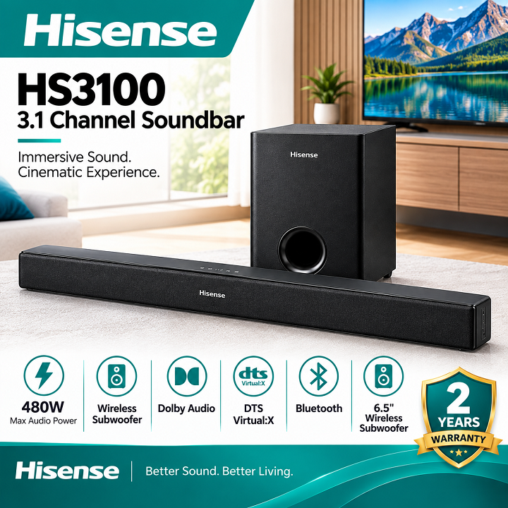 Hisense Sound bar System HS3100 480 Watts 3.1 CH Dolby Audio DTS Audio Bluetooth WIRELESS SUBWOOFER  Bluetooth Speaker Remote HisenseHS3100 Soundbar Hisense 3.1 CHANNEL Audio Soundbar 480W Soundbar
