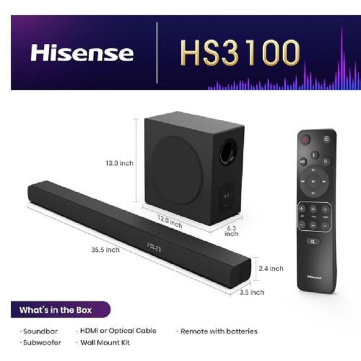 Hisense Sound bar System HS3100 480 Watts 3.1 CH Dolby Audio DTS Audio Bluetooth WIRELESS SUBWOOFER  Bluetooth Speaker Remote HisenseHS3100 Soundbar Hisense 3.1 CHANNEL Audio Soundbar 480W Soundbar