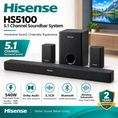 Hisense Soundbar 540 Watts 5.1 Channel HS5100 Sound bar Music system Dolby Audio DTS Virtual X, Bluetooth WIRELESS SUBWOOFER Speaker HisenseHS5100 Soundbar Music System Hisense3.1CH Audio Sound System