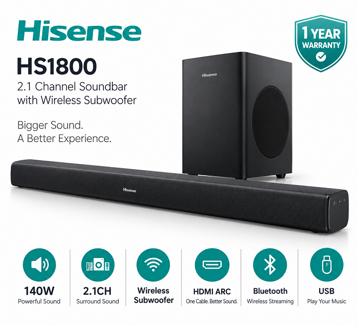 Hisense Sound bar System HS1800 140 Watts 2.1 CH with WIRELESS SUBWOOFER Woofer Bluetooth Speaker Remote HisenseHS1800 Soundbar Hisense 2.1 CHANNEL Audio Soundbar 140W Sound System