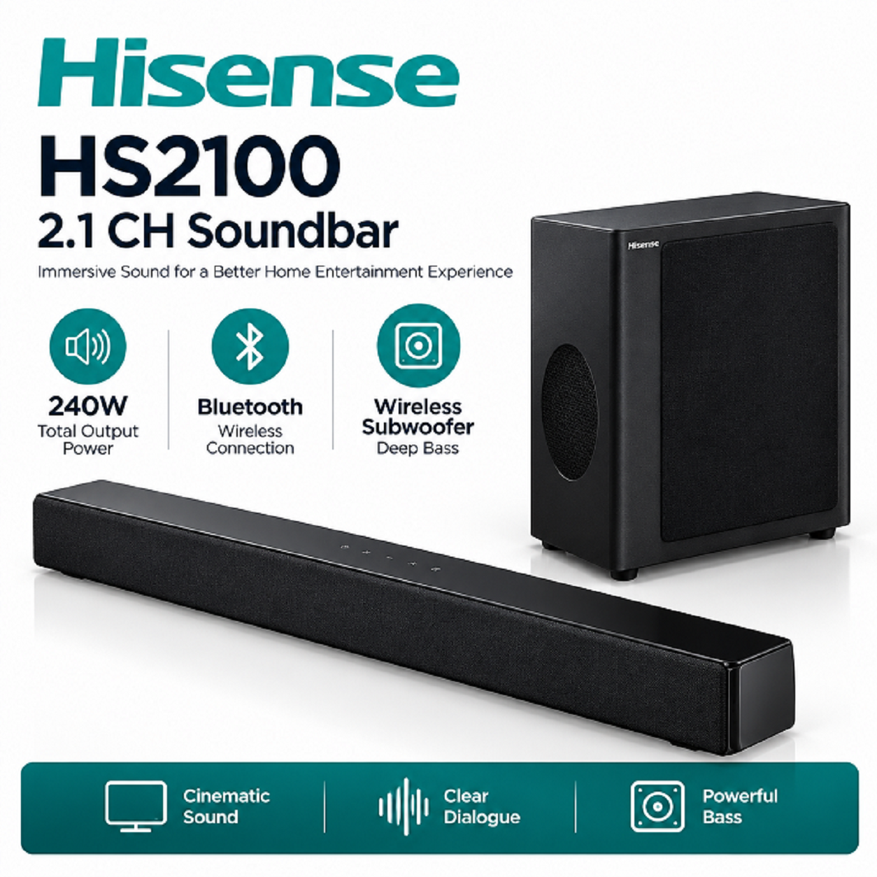 Hisense Soundbar HS2100 Deep Bass-240W Dolby Digital Audio Home Cinema Sound bar 240 Watts 2.1 Ch HisenseHS2100  Hisense Sound bar HS2100 System Audio System 2.1CH wireless subwoofer+TV Guard +Bracket