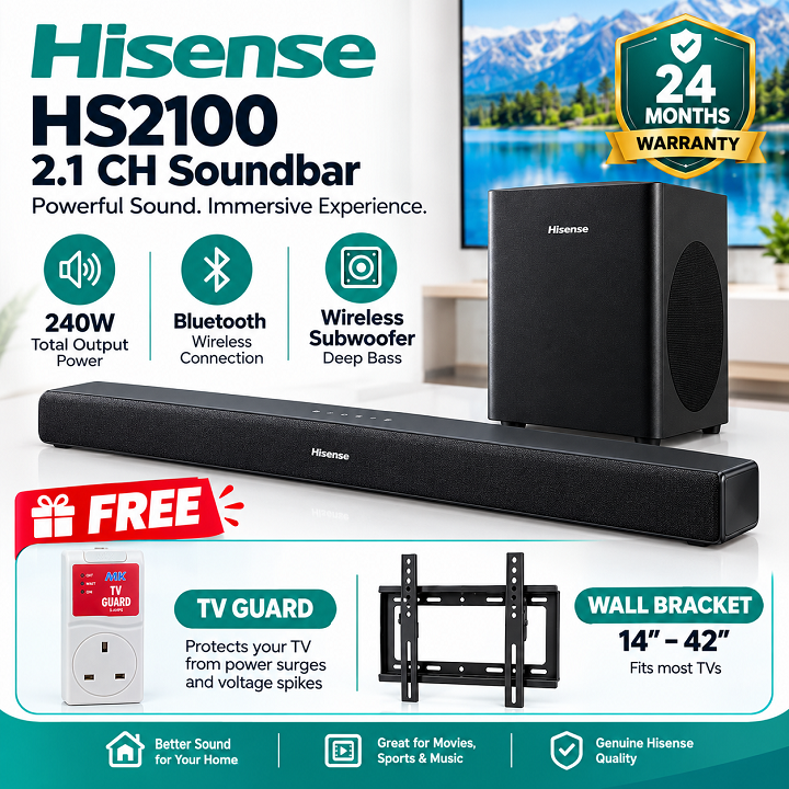 Hisense Soundbar HS2100 Deep Bass-240W Dolby Digital Audio Home Cinema Sound bar 240 Watts 2.1 Ch HisenseHS2100  Hisense Sound bar HS2100 System Audio System 2.1CH wireless subwoofer+TV Guard +Bracket