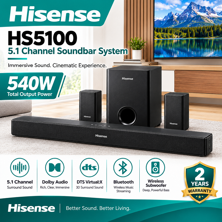Hisense Soundbar 540 Watts 5.1 Channel HS5100 Sound bar Music system Dolby Audio DTS Virtual X, Bluetooth WIRELESS SUBWOOFER Speaker HisenseHS5100 Soundbar Music System Hisense3.1CH + TV Guard+Bracket