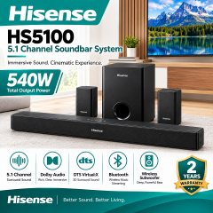 Hisense Soundbar 540 Watts 5.1 Channel HS5100 Sound bar Music system Dolby Audio DTS Virtual X, Bluetooth WIRELESS SUBWOOFER Speaker HisenseHS5100 Soundbar Music System Hisense3.1CH Audio Sound System