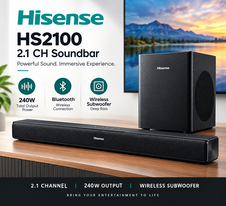 Hisense Soundbar HS2100 Deep Bass-240W Dolby Digital Audio Home Cinema Sound bar 240 Watts 2.1 Ch HisenseHS2100  Hisense Sound bar HS2100 System Audio System 2.1CH wireless subwoofer+TV Guard +Bracket
