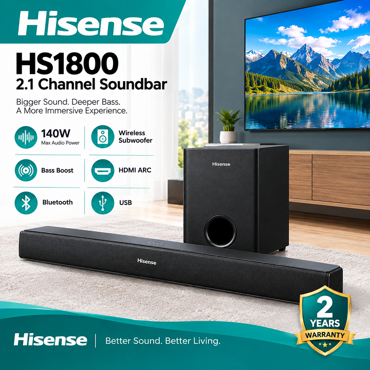 Hisense Sound bar System HS1800 140 Watts 2.1 CH with WIRELESS SUBWOOFER Woofer Bluetooth Speaker Remote HisenseHS1800 Soundbar Hisense 2.1 CHANNEL Audio Soundbar 140W Sound System