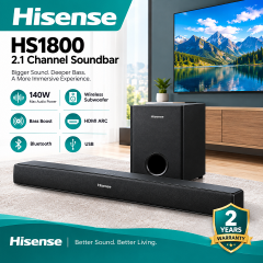 Hisense Sound bar System HS1800 140 Watts 2.1 CH with WIRELESS SUBWOOFER Woofer Bluetooth Speaker Remote HisenseHS1800 Soundbar Hisense 2.1 CHANNEL Audio Soundbar 140W Sound System