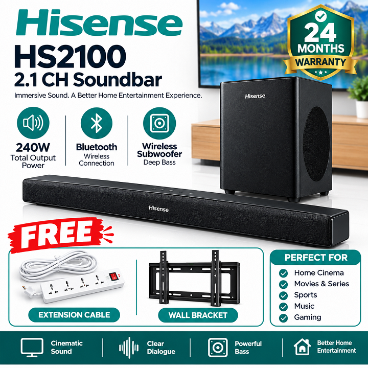 Hisense Soundbar HS2100 Deep Bass-240W Dolby Digital Audio Home Cinema Sound bar 240 Watts 2.1 Ch HisenseHS2100  Hisense Sound bar HS2100 System Audio System 2.1CH wireless subwoofer+Extension+Bracket