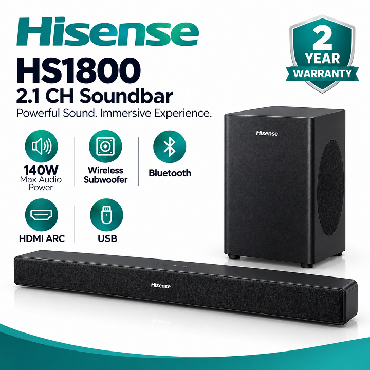 Hisense Sound bar System HS1800 140 Watts 2.1 CH with WIRELESS SUBWOOFER Woofer Bluetooth Speaker Remote HisenseHS1800 Soundbar Hisense 2.1 CHANNEL Audio Soundbar 140W Sound System