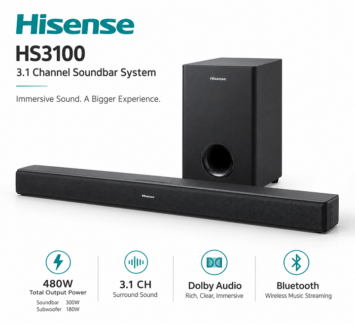 Hisense Sound bar System HS3100 480 Watts 3.1 CH Dolby Audio DTS Audio Bluetooth WIRELESS SUBWOOFER  Bluetooth Speaker Remote HisenseHS3100 Soundbar Hisense 3.1 CHANNEL Audio Soundbar 480W Soundbar