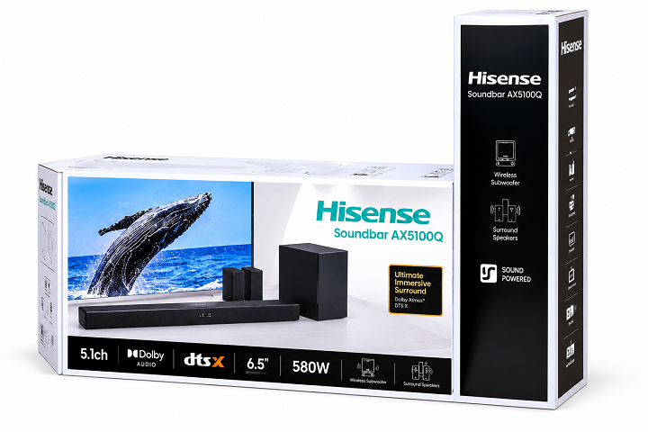 HISENSE SOUNDBAR SYSTEM 5.1CH AX5100Q 580W DOLBY DIGITAL AUDIO DEEP BASS BLAST SOUND BAR BLUETOOTH HDMI Wireless Subwoofer system DOLBY ATMOS & DTS;X Hisense Speaker SYSTEM + FREE EXTENSION + BRACKET