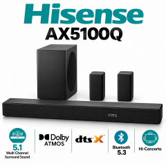 Hisense AX5100Q 580W 5.1CH SOUNDBAR SYSTEM DOLBY ATMOS DOLBY DIGITAL AUDIO DEEP BASS BLAST WIRELESS SOUND BAR BLUETOOTH HDMI Wireless Subwoofer system DOLBY ATMOS & DTS:X Hisense Speaker SOUND SYSTEM