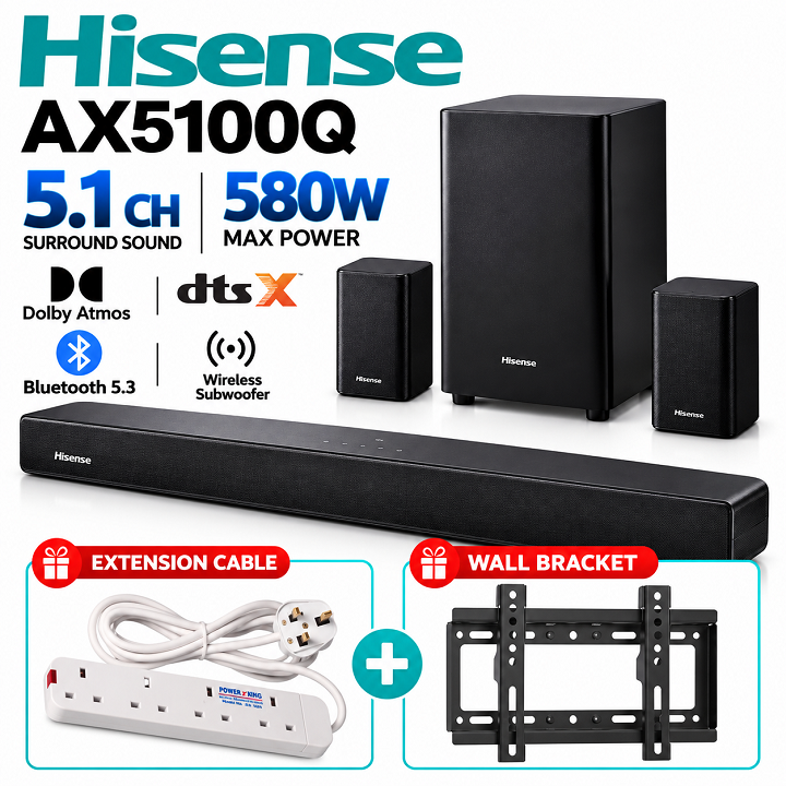 HISENSE SOUNDBAR SYSTEM 5.1CH AX5100Q 580W DOLBY DIGITAL AUDIO DEEP BASS BLAST SOUND BAR BLUETOOTH HDMI Wireless Subwoofer system DOLBY ATMOS & DTS;X Hisense Speaker SYSTEM + FREE EXTENSION + BRACKET