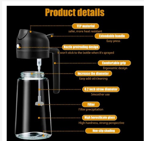 600ml 2 in 1 Oil Spray Bottle Helps control oil usage for healthier cooking Fine mist spray for even distribution Ideal for air fryer, frying, baking, grilling & salads Made from food-grade, safe mate