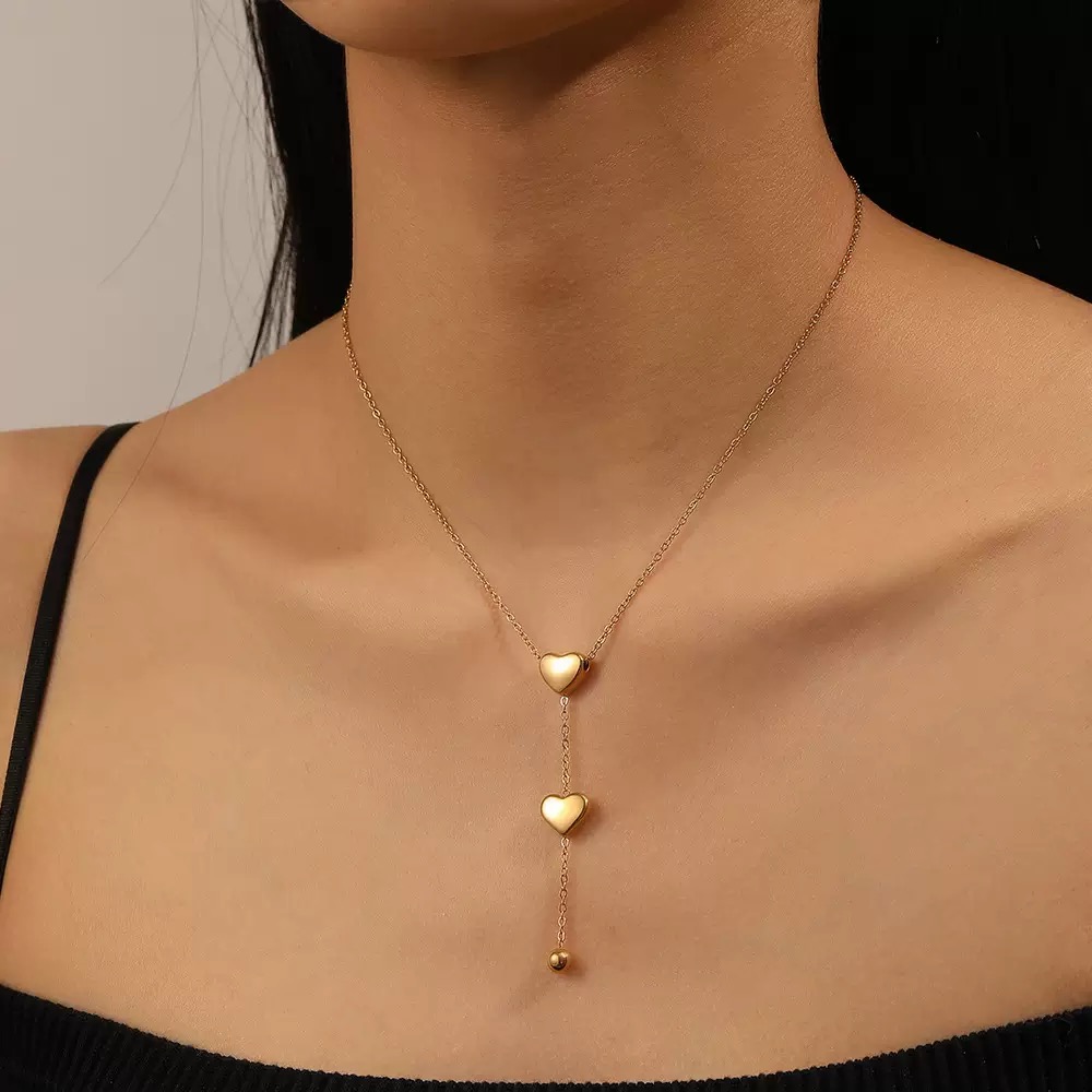 Dainty Gold Heart Drop Necklace – Minimalist Stainless Steel/Gold Plated Y-Chain Necklace, Romantic Gift Idea