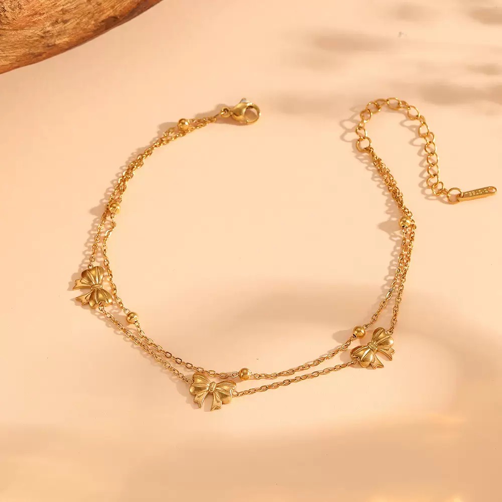 Gold Plated Double-Layer Bowknot Bracelet – Adjustable Layered Bead & Bow Charm Chain Bracelet for Women & Girls