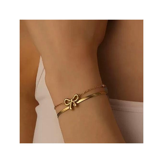 Elegant Gold Bow Layered Bracelet | Stainless Steel Dainty Bowknot Snake Chain & Bead Charm Bracelet for Women
