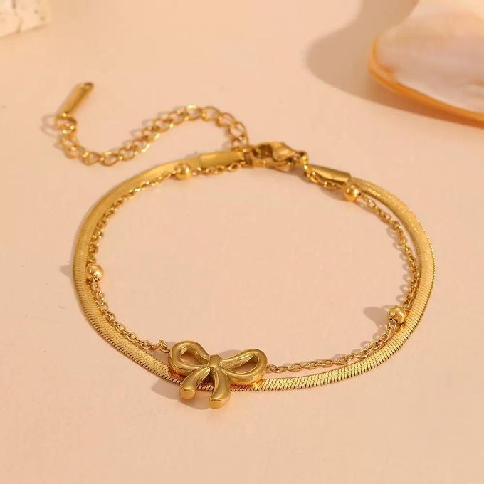 Elegant Gold Bow Layered Bracelet | Stainless Steel Dainty Bowknot Snake Chain & Bead Charm Bracelet for Women
