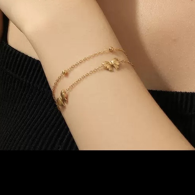 Gold Plated Double-Layer Bowknot Bracelet – Adjustable Layered Bead & Bow Charm Chain Bracelet for Women & Girls