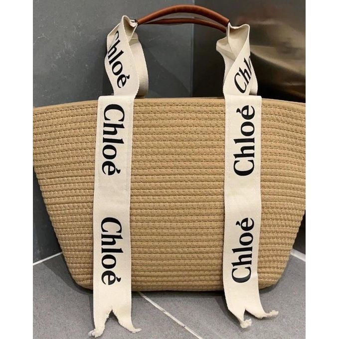 Designer Woven Raffia Straw Basket Tote Bag with Logo Ribbon Handles & Leather Grip – Summer Beach Everyday Handbag