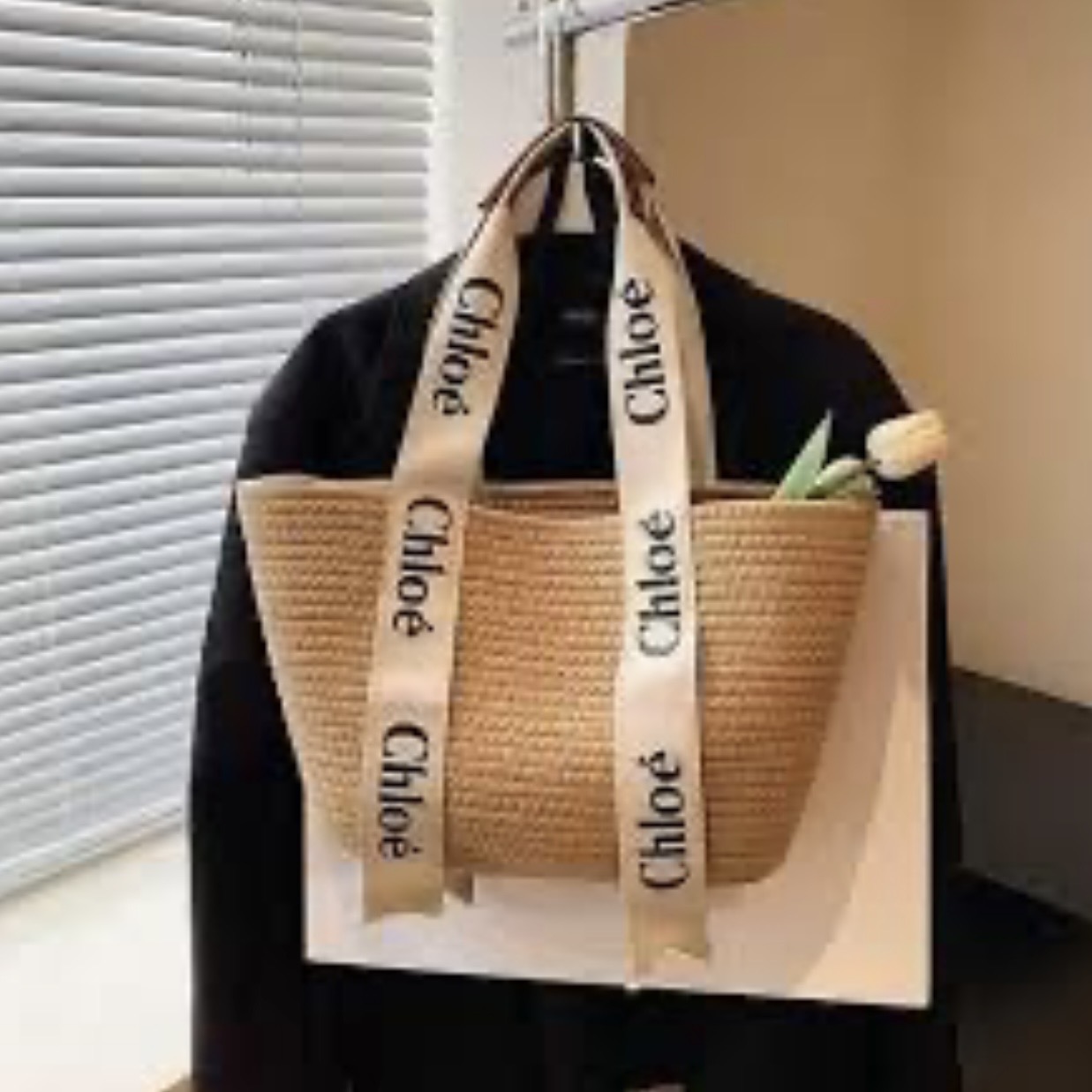 Designer Woven Raffia Straw Basket Tote Bag with Logo Ribbon Handles & Leather Grip – Summer Beach Everyday Handbag