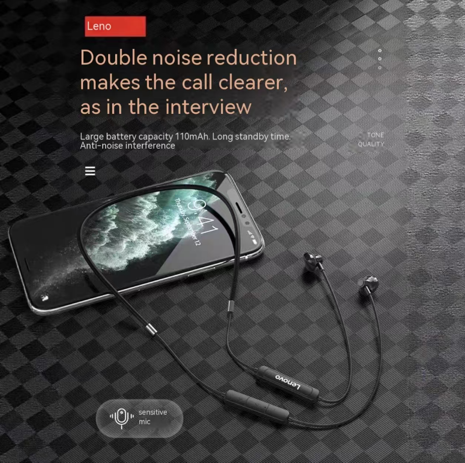 Lenovo SH1 Upgraded Semi-In-Ear Sports Neckband Bluetooth Earbuds with Bluetooth 5.3, Dual-Ear Neckband Design