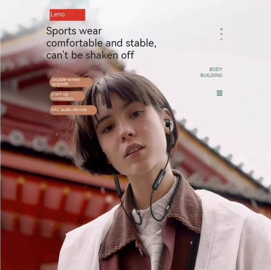 Lenovo SH1 Upgraded Semi-In-Ear Sports Neckband Bluetooth Earbuds with Bluetooth 5.3, Dual-Ear Neckband Design