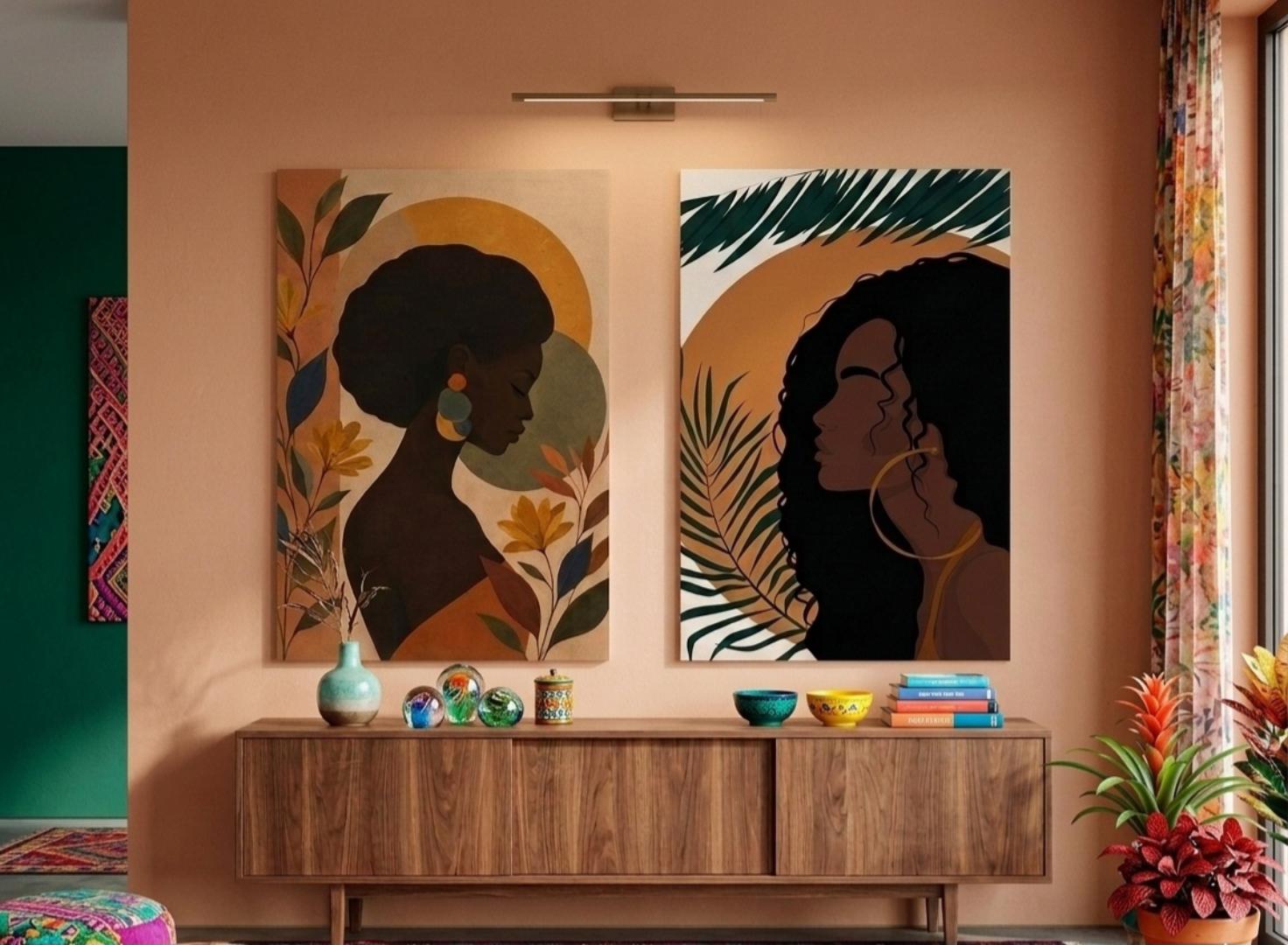 2 Pcs Set Boho African Woman Mounted  Prints – Modern Afrocentric Wall Art Decor for Living Room, Bedroom & Office (Framed / Ready to Hang)