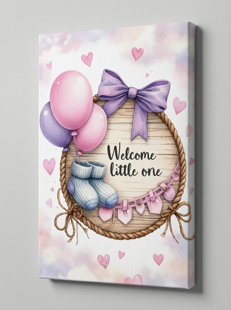 Welcome Little One Canvas Wall Art Print - Cute Pink & Purple Balloons Baby Nursery Decoration Picture, Unframed / Framed Newborn Baby Shower Gift & Kids Bedroom Home Decor