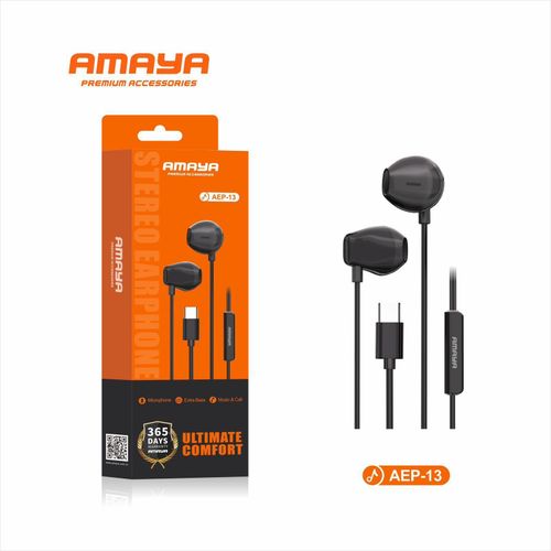 Amaya AEP-13 Type-C Wired Earphones Black, HD Stereo Sound with Built-In Microphone, 1.2M Cable, Comfortable In-Ear Earbuds, USB-C Connector for Smartphones, Tablets & Compatible Devices