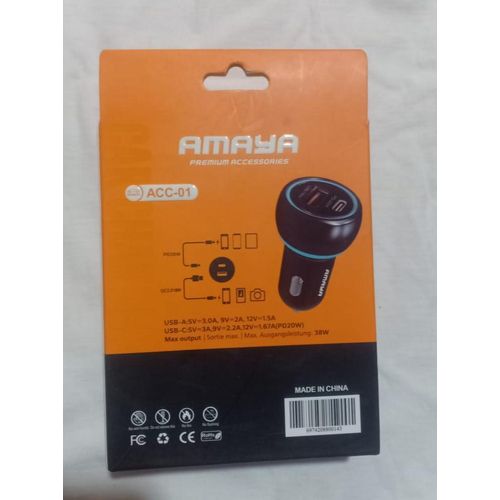 Amaya ACC-01 38W PD Fast Charging Car Charger, USB Type-C Power Delivery Car Adapter for Smartphones, Tablets & Compatible Devices, Compact Portable Vehicle Charger for Fast Charging on the Go