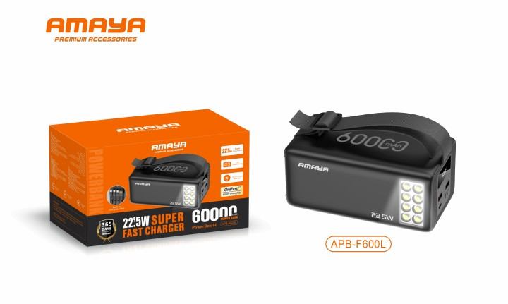 AMAYA PowerBox 600 APB-F600L 60000mAh 22.5W Super Fast Charging Power Bank with Built-In USB-C, Lightning & Micro-USB Cables, Digital Display & 8-LED Torch, Portable Battery Charger
