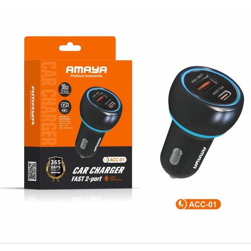 Amaya ACC-01 38W PD Fast Charging Car Charger, USB Type-C Power Delivery Car Adapter for Smartphones, Tablets & Compatible Devices, Compact Portable Vehicle Charger for Fast Charging on the Go