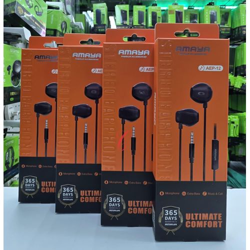 Amaya AEP-12 Extra Bass Wired Earphones with Clear Stereo Sound, Powerful Deep Bass, Comfortable In-Ear Design, Built-In Microphone, Tangle-Resistant Cable for Music, Calls & Everyday Use