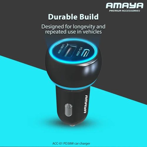 Amaya ACC-01 38W PD Fast Charging Car Charger, USB Type-C Power Delivery Car Adapter for Smartphones, Tablets & Compatible Devices, Compact Portable Vehicle Charger for Fast Charging on the Go