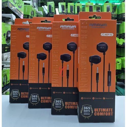 Amaya AEP-12 Extra Bass Wired Earphones with Clear Stereo Sound, Powerful Deep Bass, Comfortable In-Ear Design, Built-In Microphone, Tangle-Resistant Cable for Music, Calls & Everyday Use