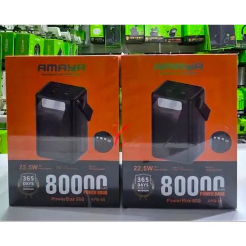 Amaya PowerBox 800 APB-80 80000mAh Power Bank – 22.5W PD Fast Charging, High-Capacity Portable Battery Charger, Black