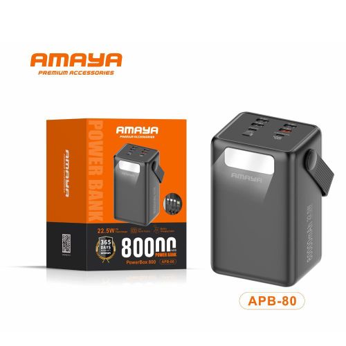 Amaya PowerBox 800 APB-80 80000mAh Power Bank – 22.5W PD Fast Charging, High-Capacity Portable Battery Charger, Black