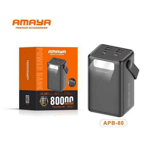 Amaya PowerBox 800 APB-80 80000mAh Power Bank – 22.5W PD Fast Charging, High-Capacity Portable Battery Charger, Black