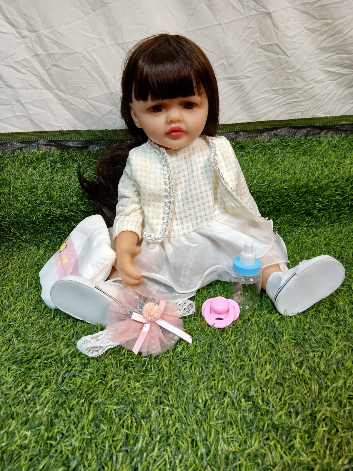 55cm Lifelike Baby Doll Soft Silicone Body Realistic Baby Sounds Long Hair Magnetic Pacifier Feeding Bottle Diaper Nurturing Pretend Play Toy Children Gift