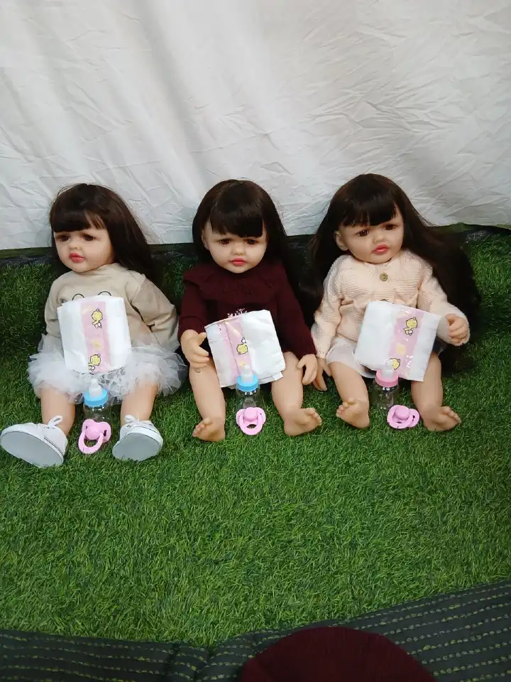 55cm Lifelike Baby Doll Soft Silicone Body Realistic Baby Sounds Long Hair Magnetic Pacifier Feeding Bottle Diaper Nurturing Pretend Play Toy Children Gift