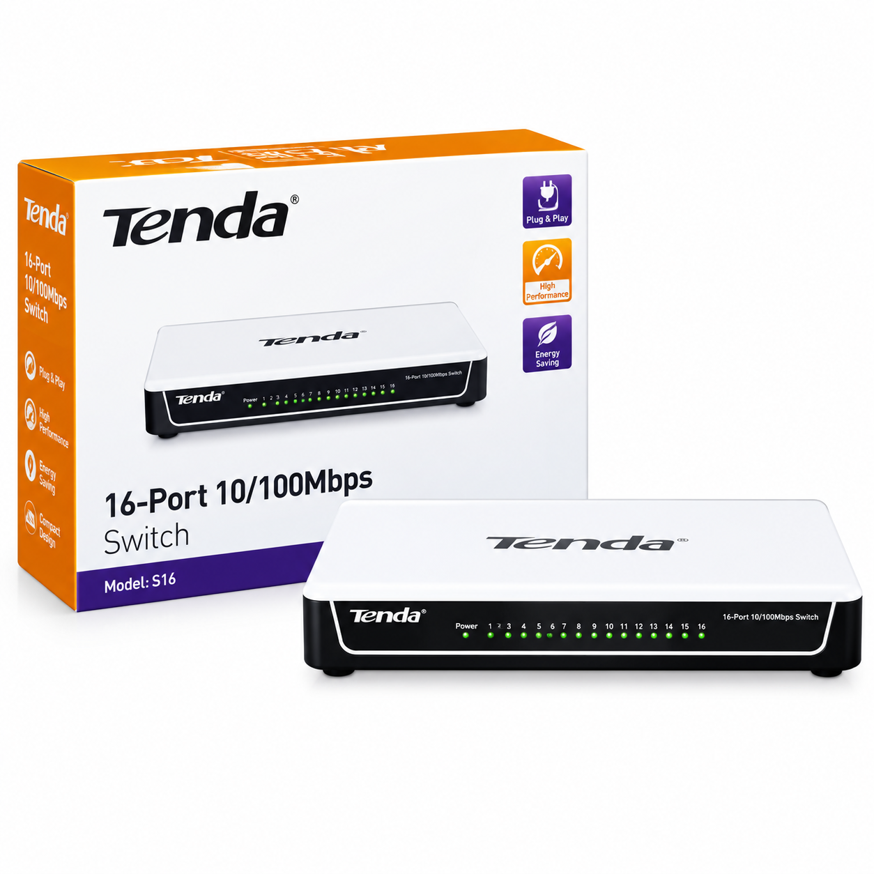 Tenda S16 16-Port 10/100Mbps Ethernet Switch – Unmanaged Desktop Network Switch