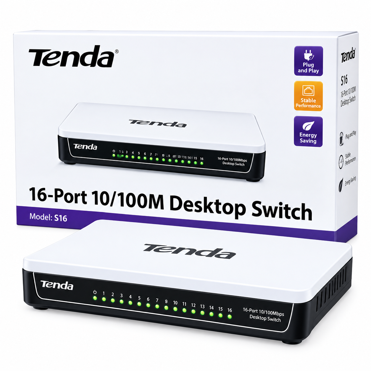 Tenda S16 16-Port 10/100Mbps Ethernet Switch – Unmanaged Desktop Network Switch