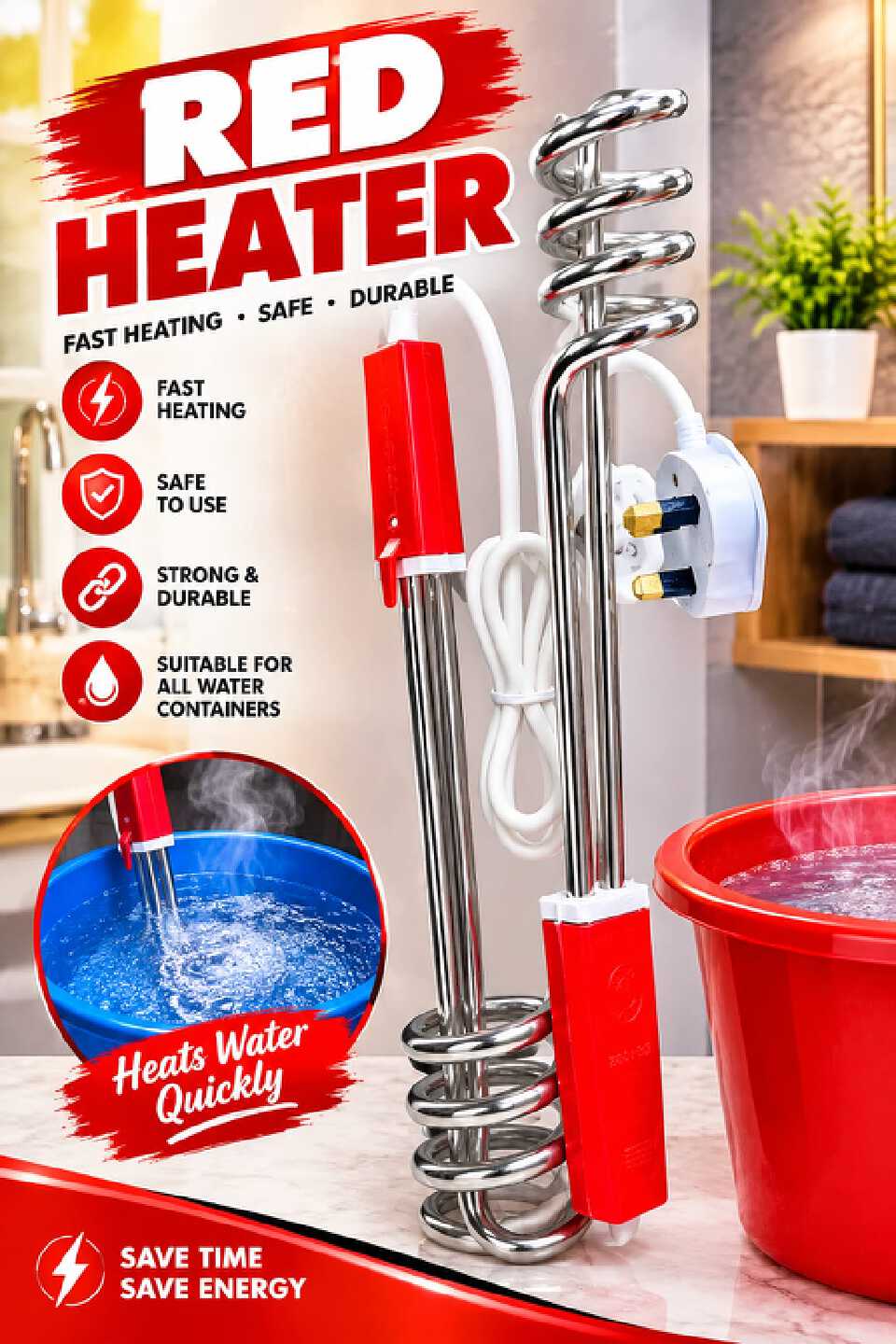 Water heater Fast Heating  Quickly heats water for everyday use. Durable Heating Coil  Designed for repeated use. Stainless Steel Coil  Resists corrosion and provides efficient heating. Easy to Use