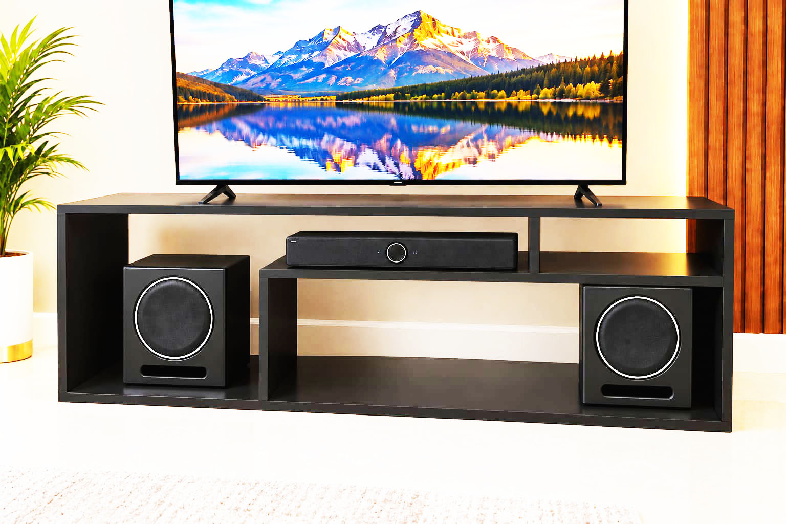 WHITE MODERN STYLISH WOODEN TV STAND - TV'S UPTO 65 inch (2 PCs with black lipping)