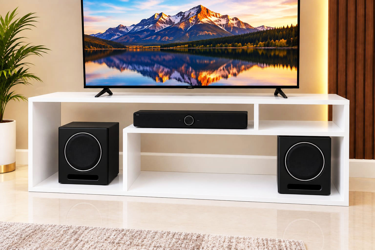 WHITE MODERN STYLISH WOODEN TV STAND - TV'S UPTO 65 inch (2 PCs with black lipping)