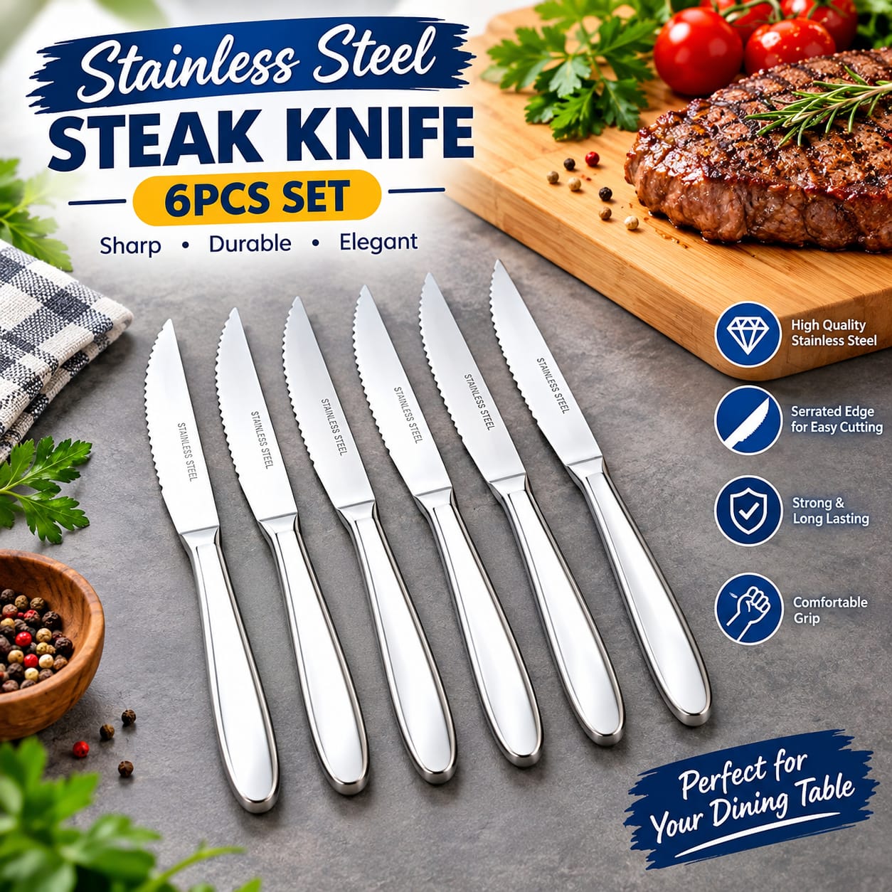 6pcs Stainless Steel Steak Knives Set – Serrated Meat Cutting Knives for Dining